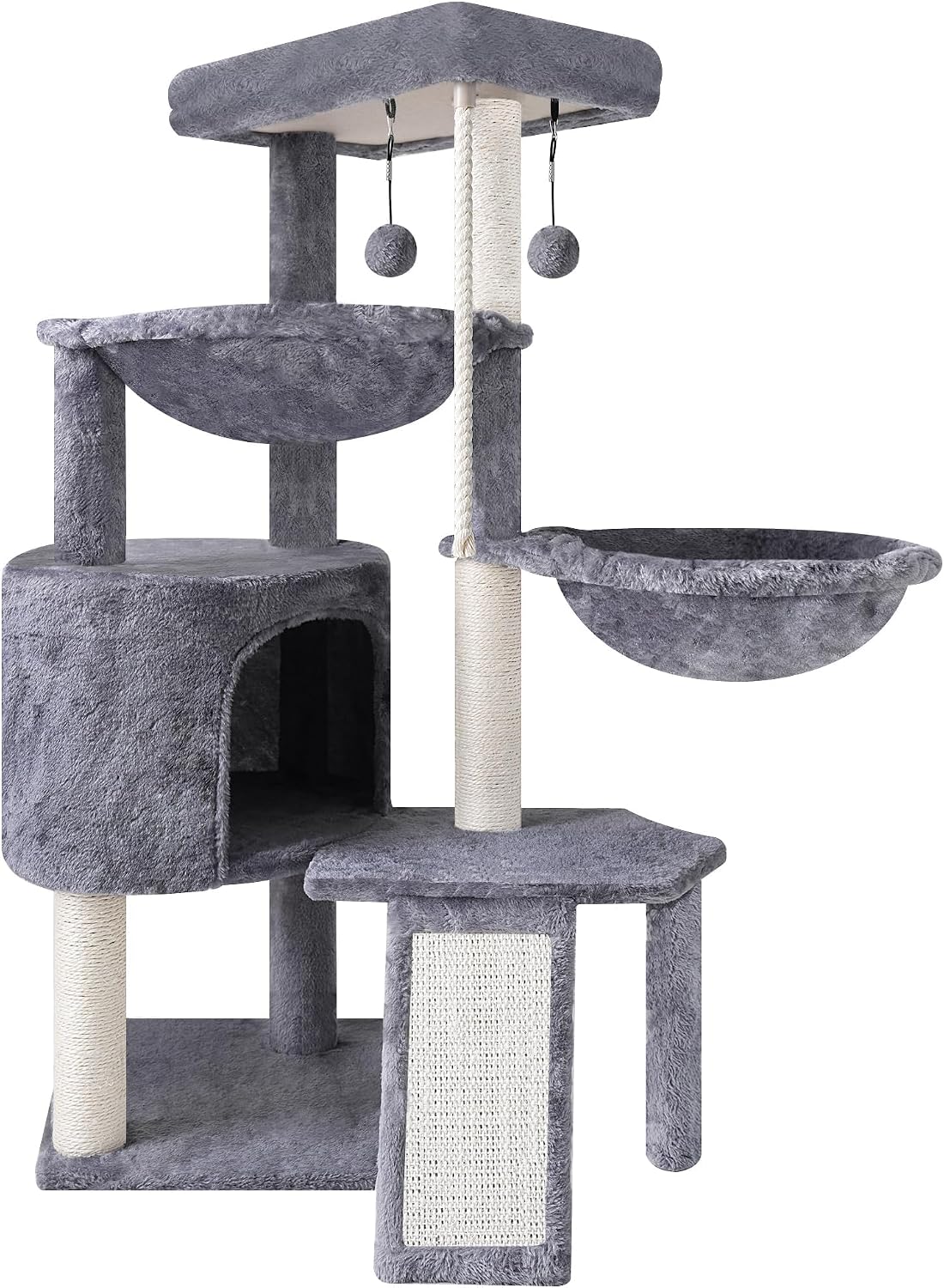 Three Layer Cat Tree with Cat Condo and Two Hammocks, Grey
