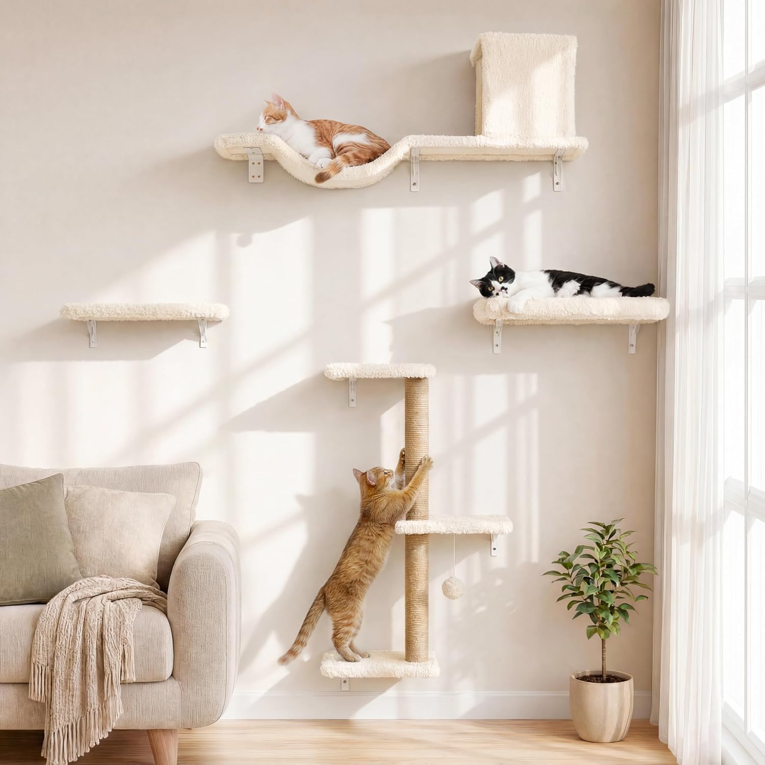 FUKUMARU Cat Wall Shelves, 4 in 1 Set, Beige