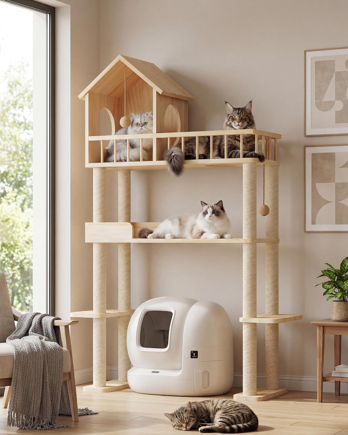 Wood Cat Tower for Automatic Litter Box, 4 Tier Cat Tree, 60 Inch