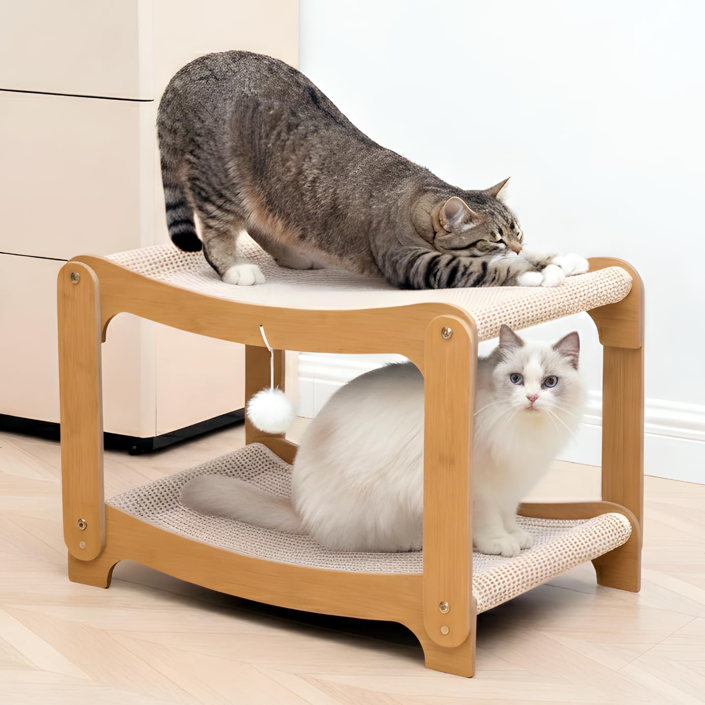 AIXINPET Two-Level Sisal Cat Scratcher Bed - Sturdy Cat Scratching Post with Scratch Pad&amp;Hammock Bed, Comfortable Cats Bed for Indoor Kittens&amp;Adult Cats -Sturdy Wooden Frame,Protect Furniture