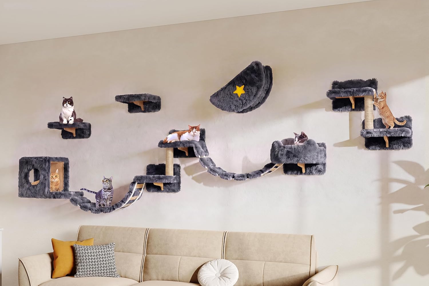 13-in-1 Cat Wall Shelves, Moon & Bridge Cat Wall Furniture, Grey