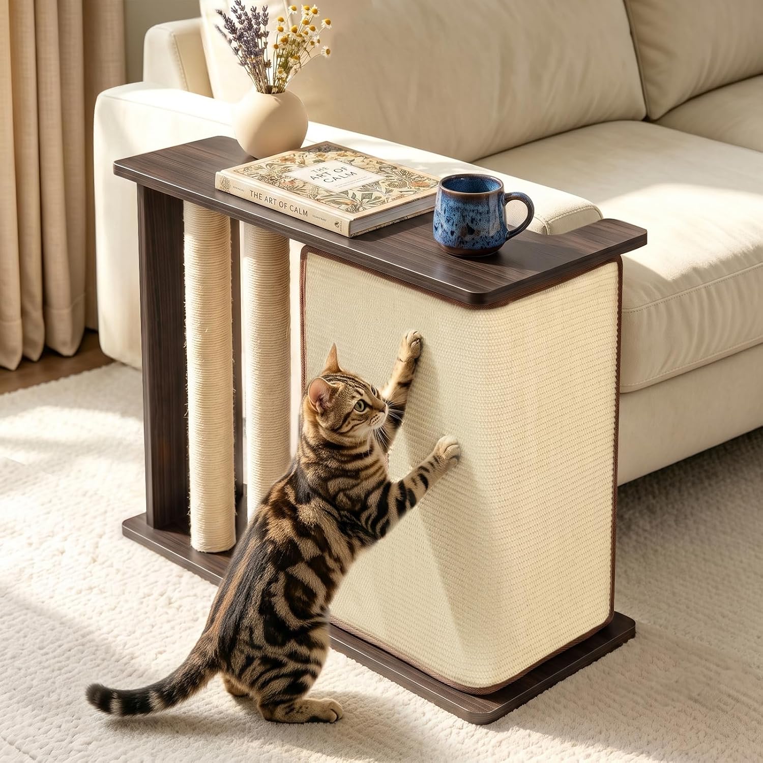 Cat Corner Side Table Scratcher, 3-in-1 Sofa Protector from Cat Claws with Scratching Post, Replaceable Sisal Pad, Sturdy Wood Frame, Fits Left/Right Sofa Arm, Odor-Free, Black Walnut, 23.5"